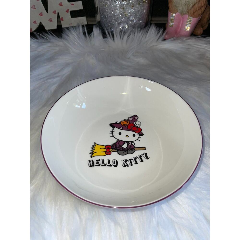 Set of 2 NEW Hello Kitty Halloween Bowl Witch Riding Broom Purple Trim Plate